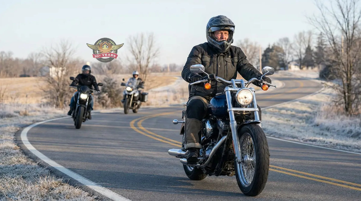 Rider wearing heated motorcycle gear while riding in cold weather
