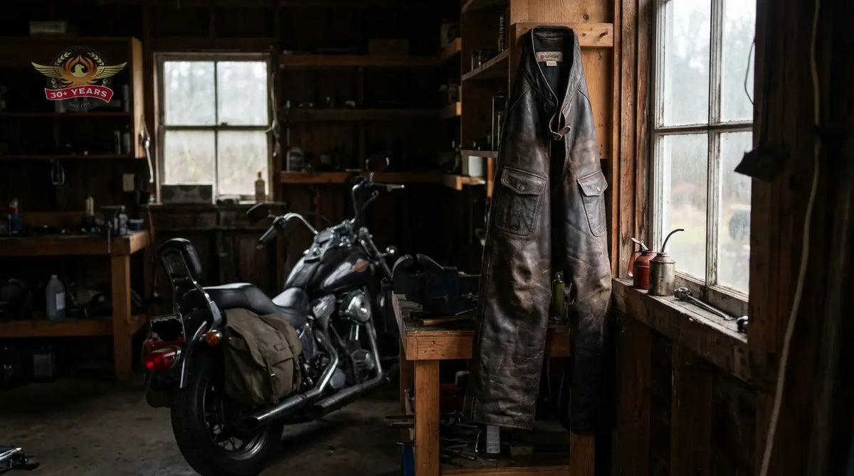 Well-maintained leather motorcycle chaps hanging in a Pacific Northwest garage near a cruiser motorcycle