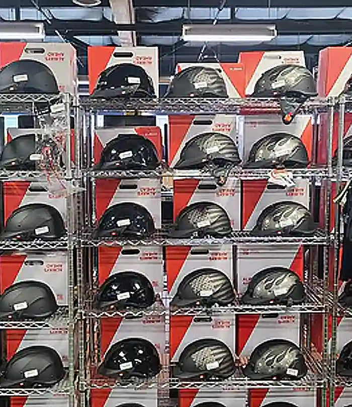 Half helmet motorcycle helmet collection inside Eagle Leather's Lakewood Washington Location.