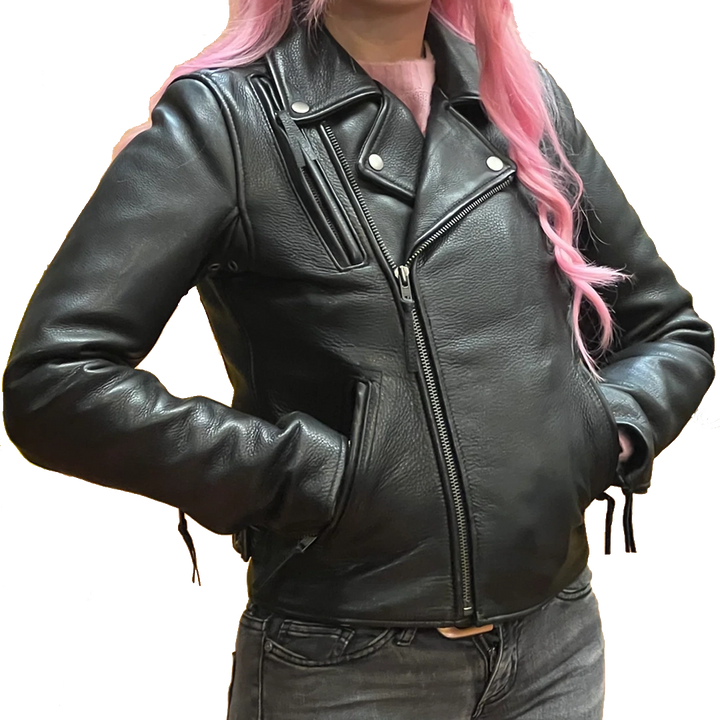 Ladies night rider leather motorcycle jacket front view by Eagle Leather