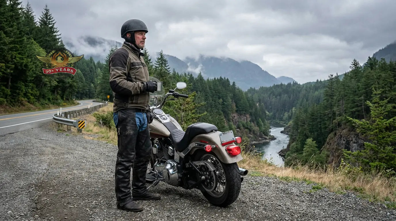 Experienced rider wearing motorcycle chaps beside a cruiser in the Pacific Northwest