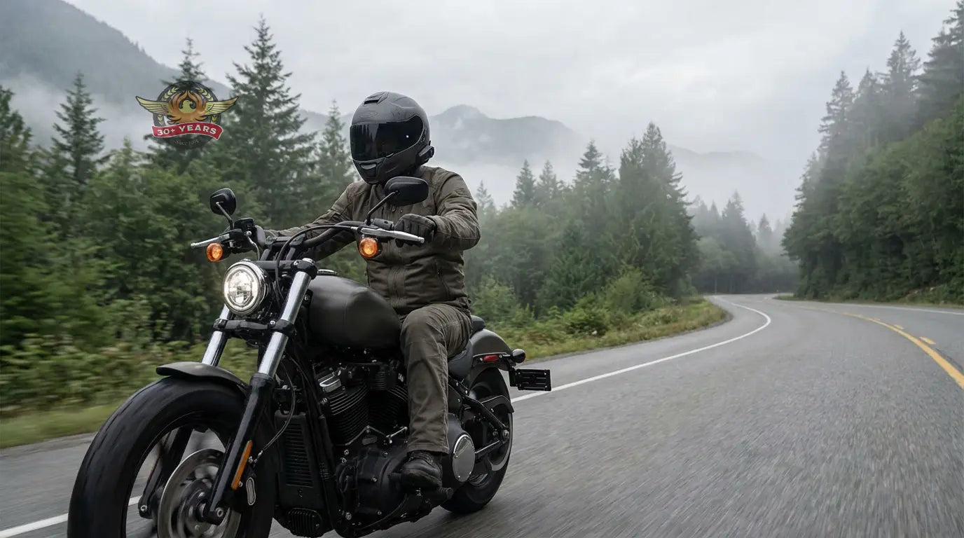 Motorcycle rider using helmet speakers while riding a cruiser on a Pacific Northwest highway