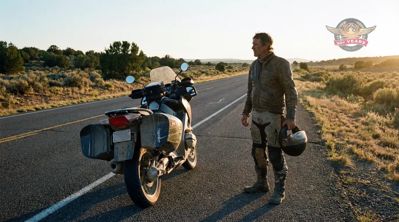 Experienced motorcycle rider standing beside his bike on a quiet open road, reflecting the freedom and responsibility of the biker lifestyle.