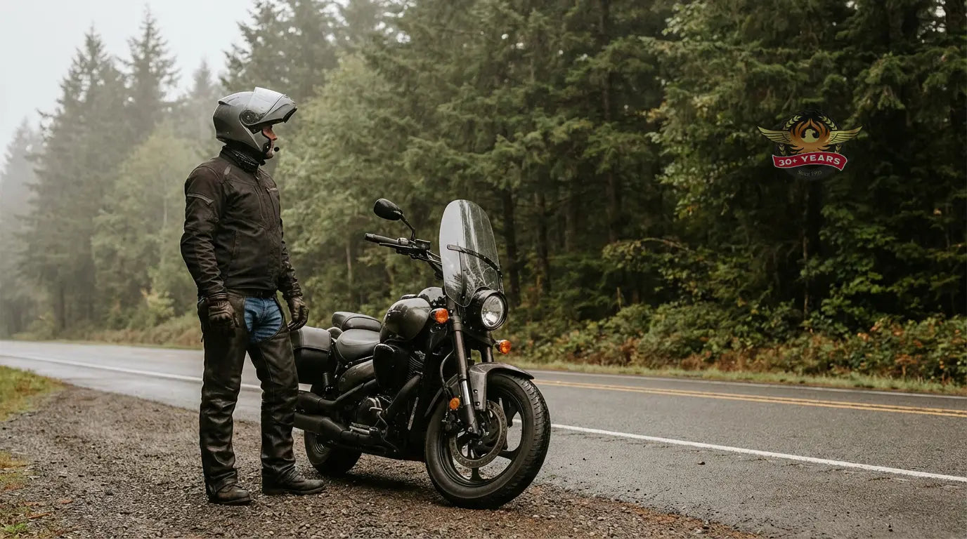 Motorcycle rider wearing leather chaps over jeans beside a cruiser in the Pacific Northwest