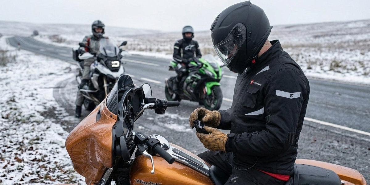 Motorcycle rider using heated clothing on a cruiser bike in cold weather showing real-world power use setup