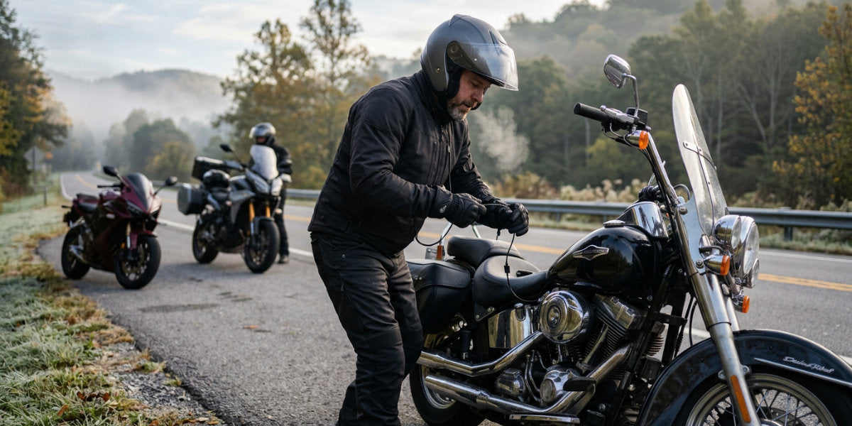 Motorcycle rider adjusting heated gear connection on a cruiser during a cold ride, illustrating charging system load and electrical use