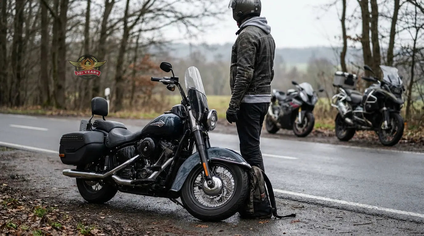 Rider comparing heated liner and heated jacket options on a cruiser motorcycle in cool weather