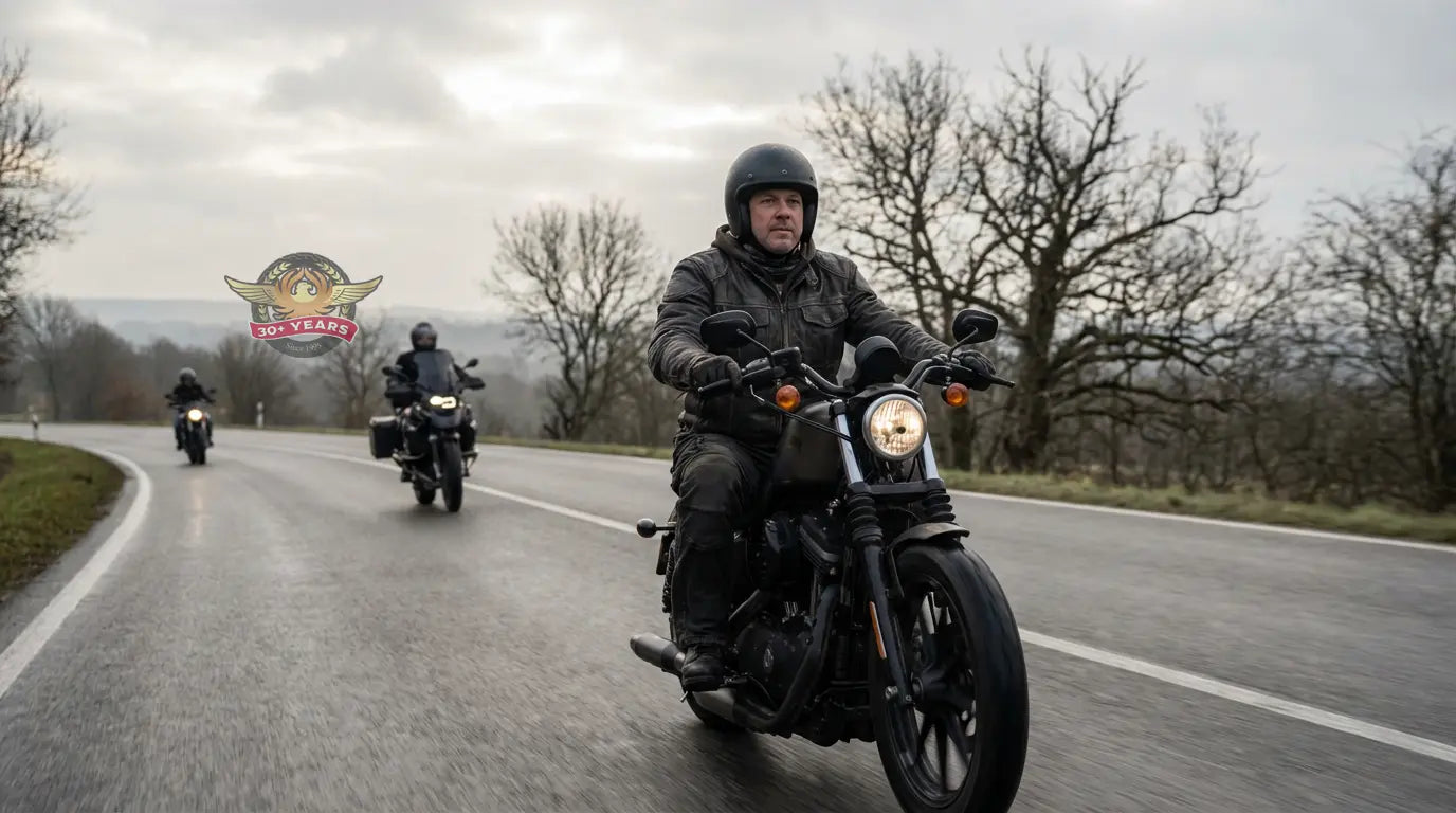 Rider using heated motorcycle clothing during cold weather riding on a cruiser motorcycle