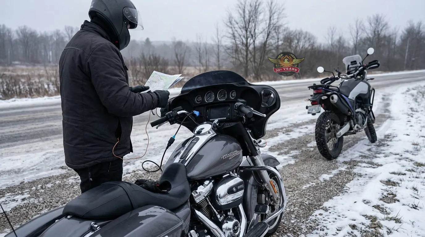 Heated motorcycle gear connected to a cruiser motorcycle charging system during cold weather riding