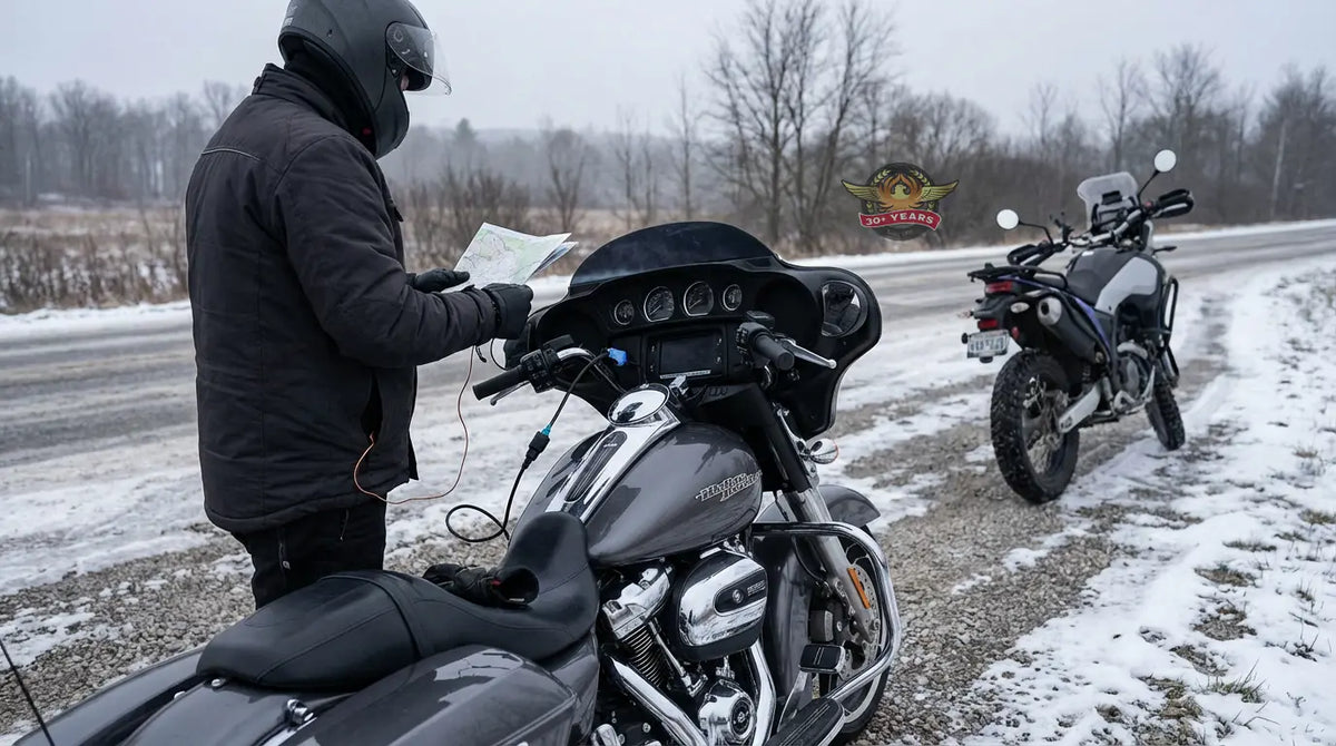 Heated motorcycle gear connected to a cruiser motorcycle charging system during cold weather riding