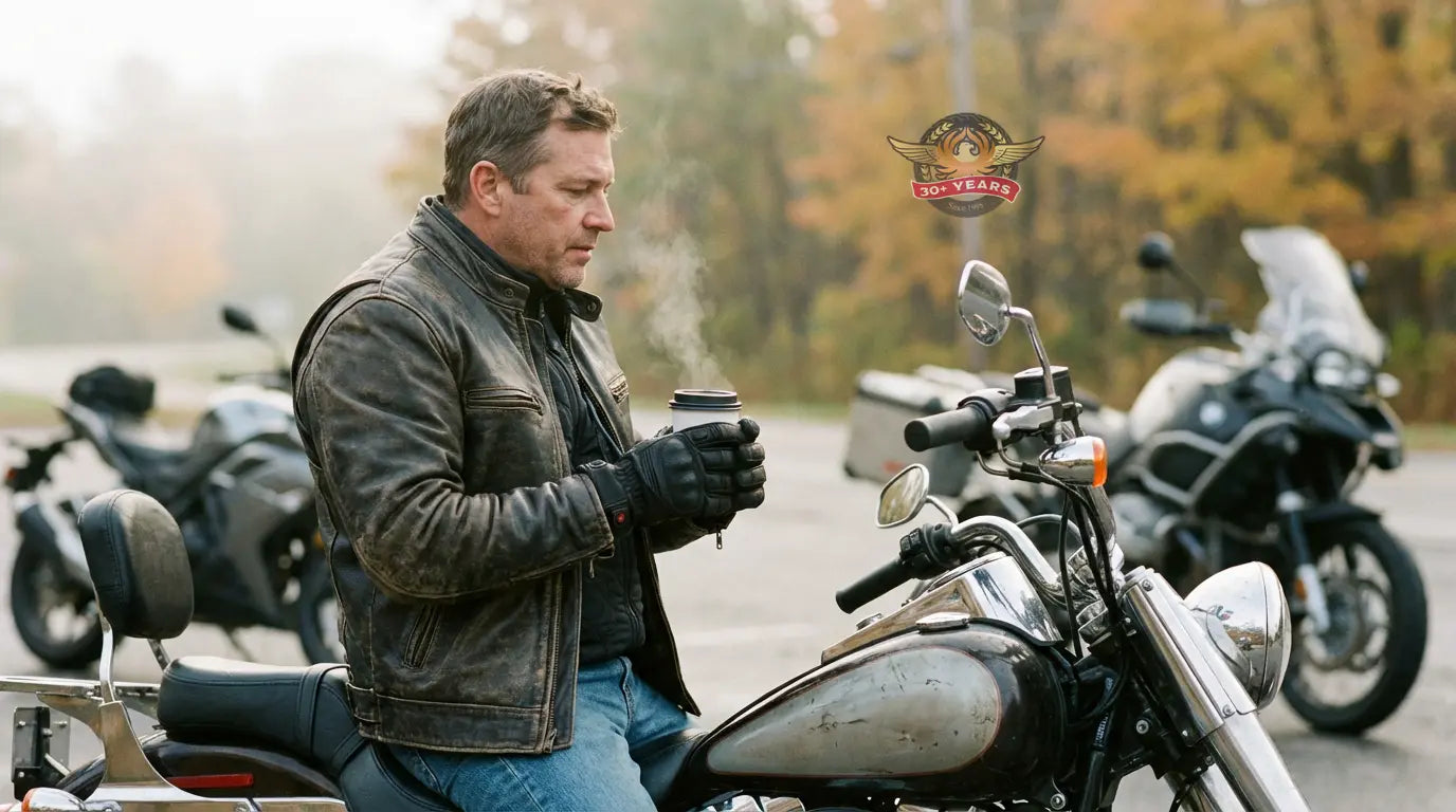 Rider wearing heated gloves and heated jacket liner on a cruiser motorcycle in cool weather
