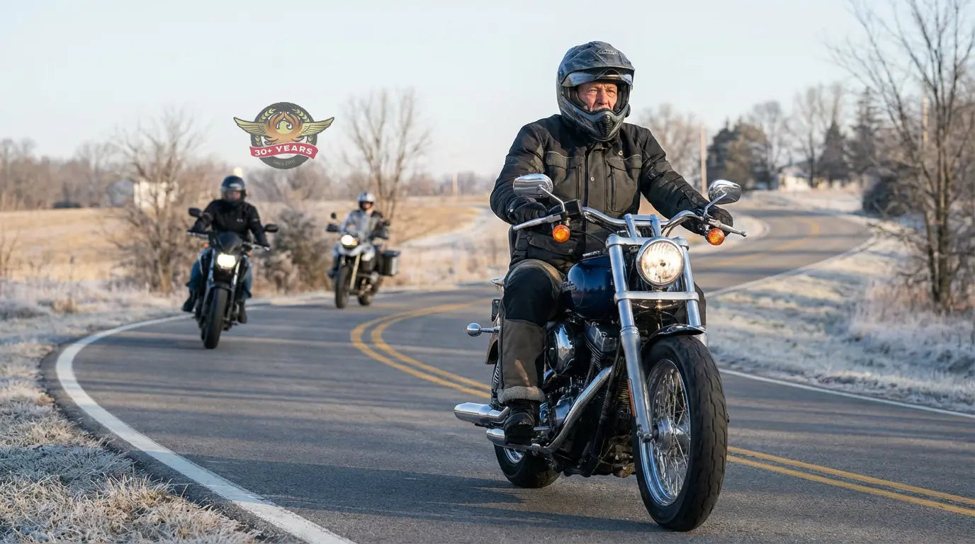 Rider wearing heated motorcycle gear while riding in cold weather