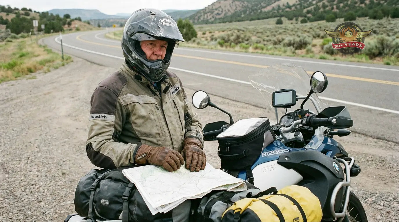 Experienced biker planning a long motorcycle trip during a roadside stop