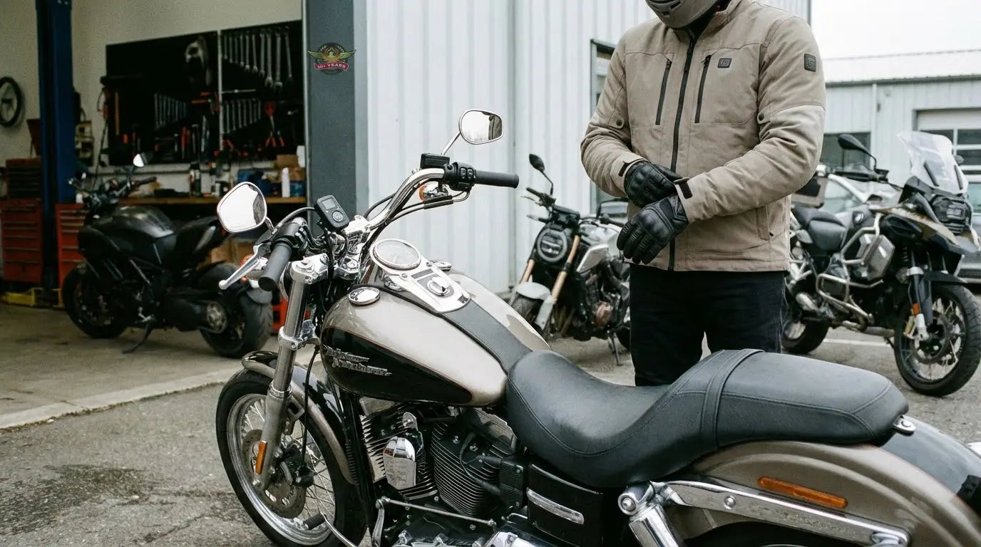 Heated gear controller mounted on a cruiser motorcycle managing temperature control for heated riding gear