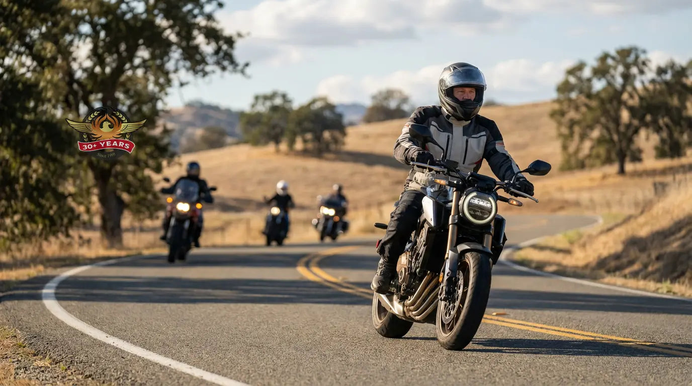 Experienced rider participating in a motorcycle group ride with proper spacing and formation