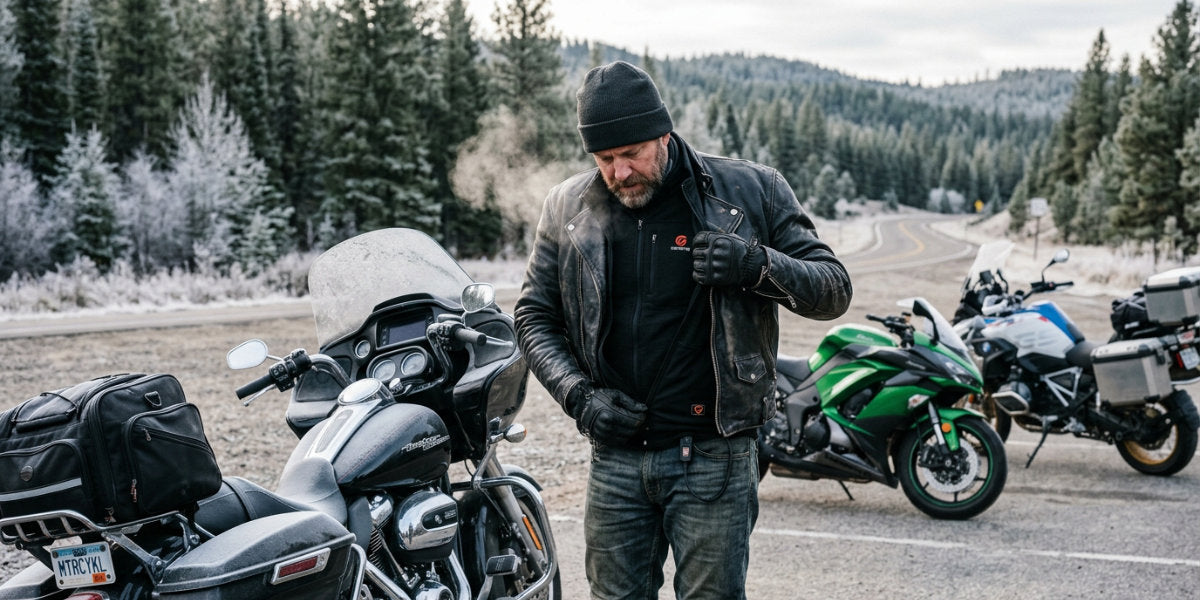 Rider layering heated motorcycle gear under riding jacket next to cruiser motorcycle in cold weather