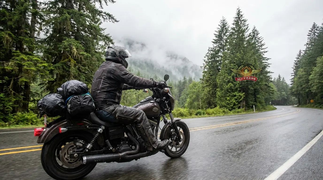 Motorcycle rider wearing thick leather chaps on a cruiser in the Pacific Northwest demonstrating abrasion resistance and fit