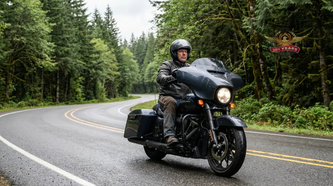 Rider on a cruiser wearing motorcycle chaps while riding through the Pacific Northwest