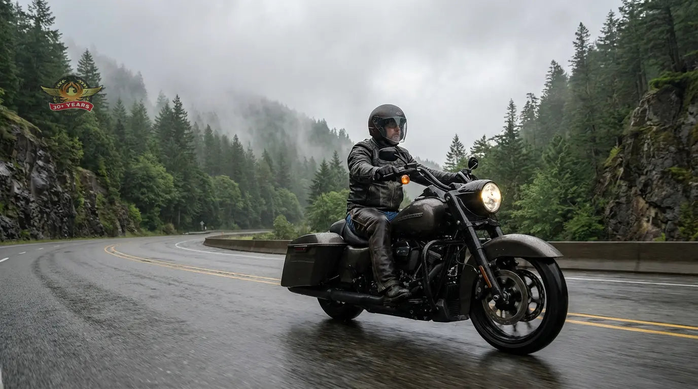 Cruiser rider wearing motorcycle chaps riding through wet Pacific Northwest highway