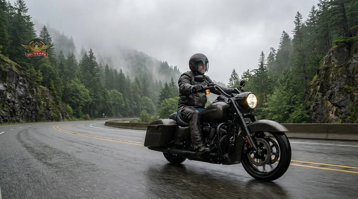 Cruiser rider wearing motorcycle chaps riding through wet Pacific Northwest highway