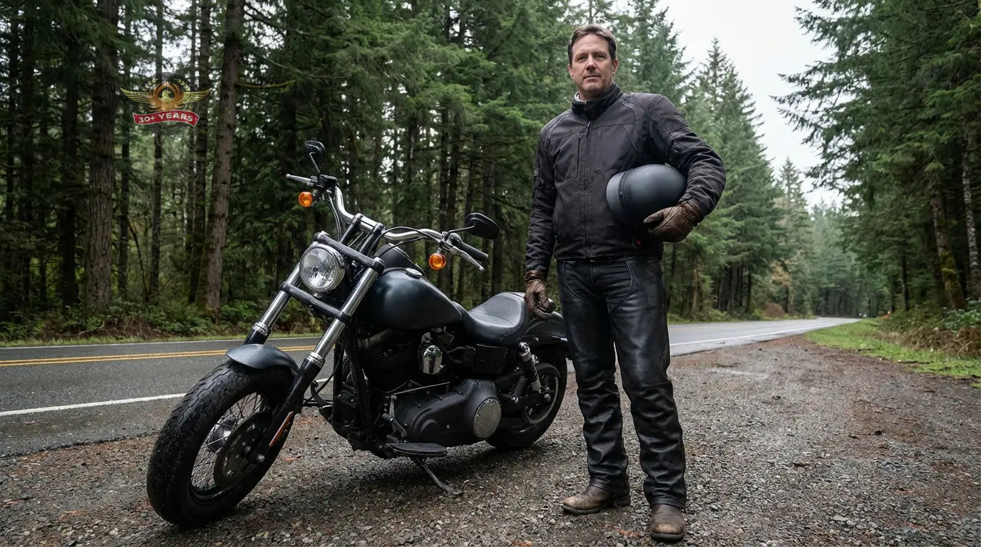 Properly fitted motorcycle chaps worn over riding boots beside a cruiser motorcycle