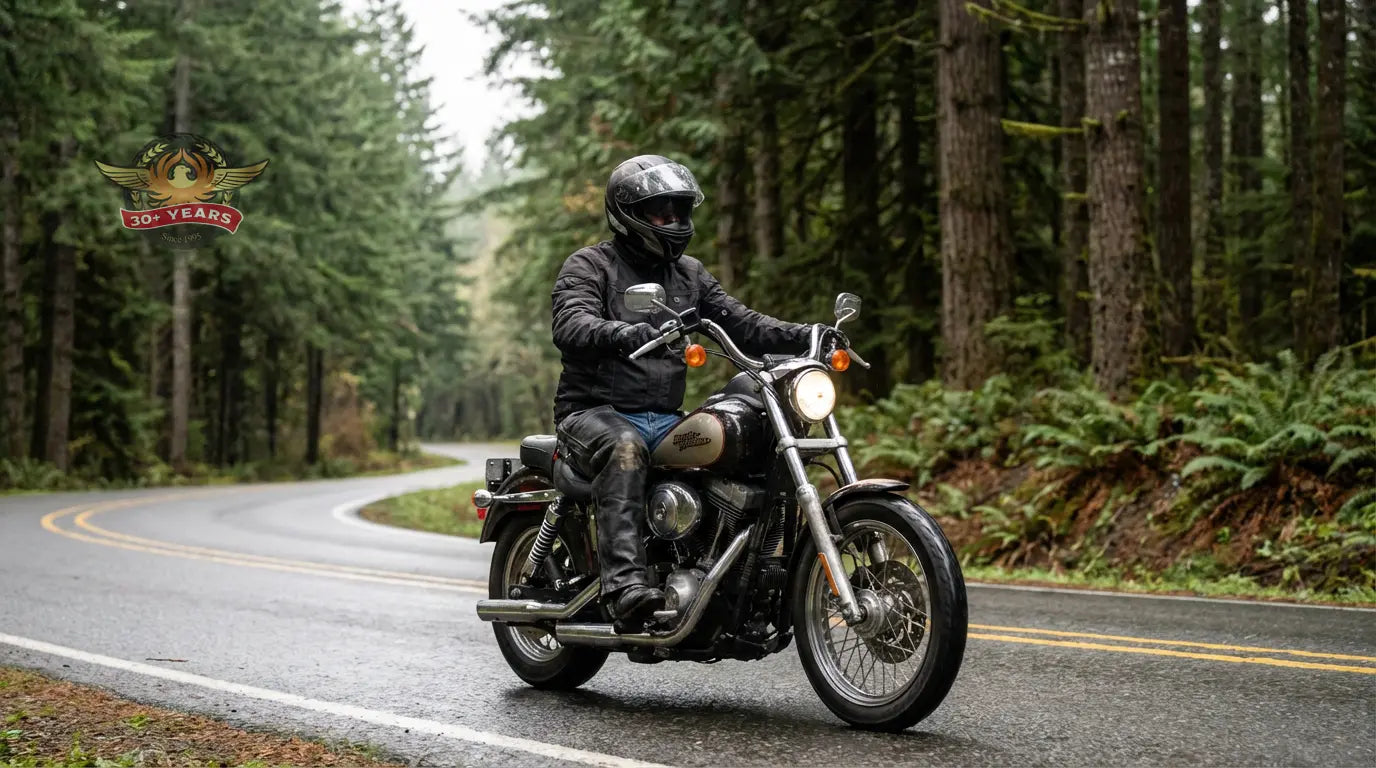 Cruiser rider wearing leather motorcycle chaps riding through the Pacific Northwest on an overcast day