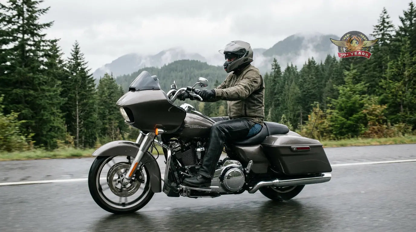 Motorcycle rider wearing leather chaps on a long highway ride in the Pacific Northwest