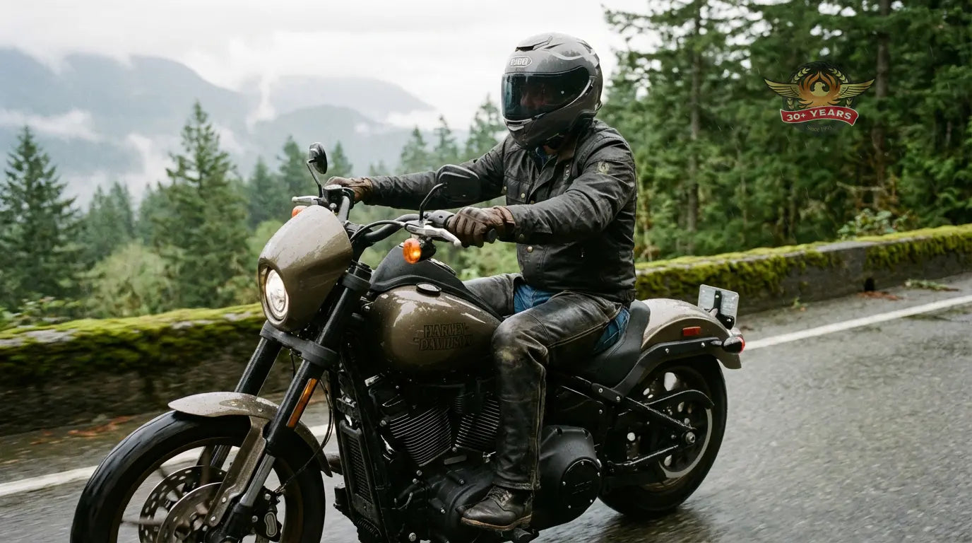 Motorcycle rider wearing leather chaps on a cruiser in the Pacific Northwest, illustrating leg protection and abrasion resistance.