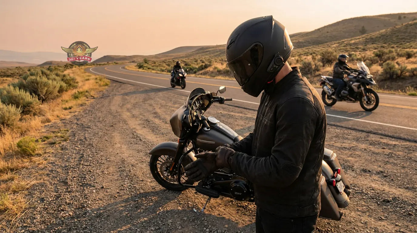 Motorcycle communication system mounted on a cruiser helmet during a roadside stop, showing real-world battery use on long rides
