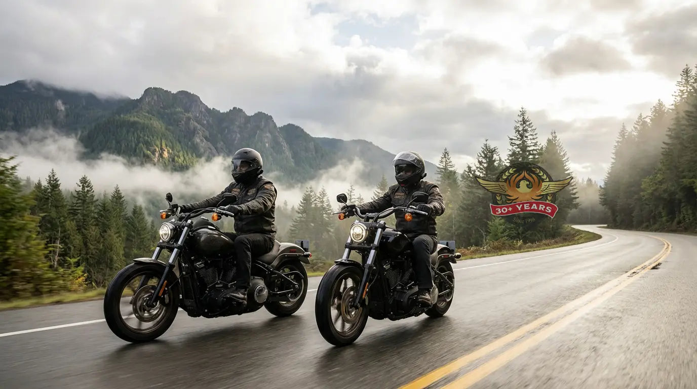 Cruiser riders using a motorcycle communication system on a Pacific Northwest highway