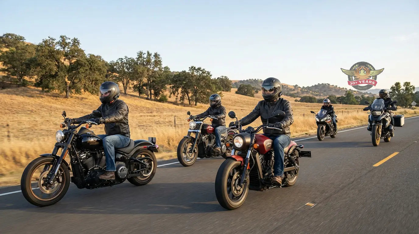 Group of cruiser motorcycles riding on an open highway demonstrating real rider-to-rider communication range
