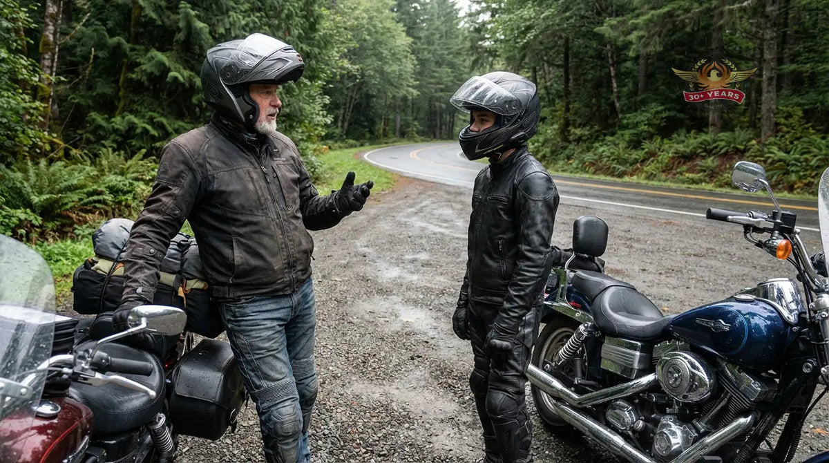 Experienced motorcyclist mentoring a new rider during a roadside stop