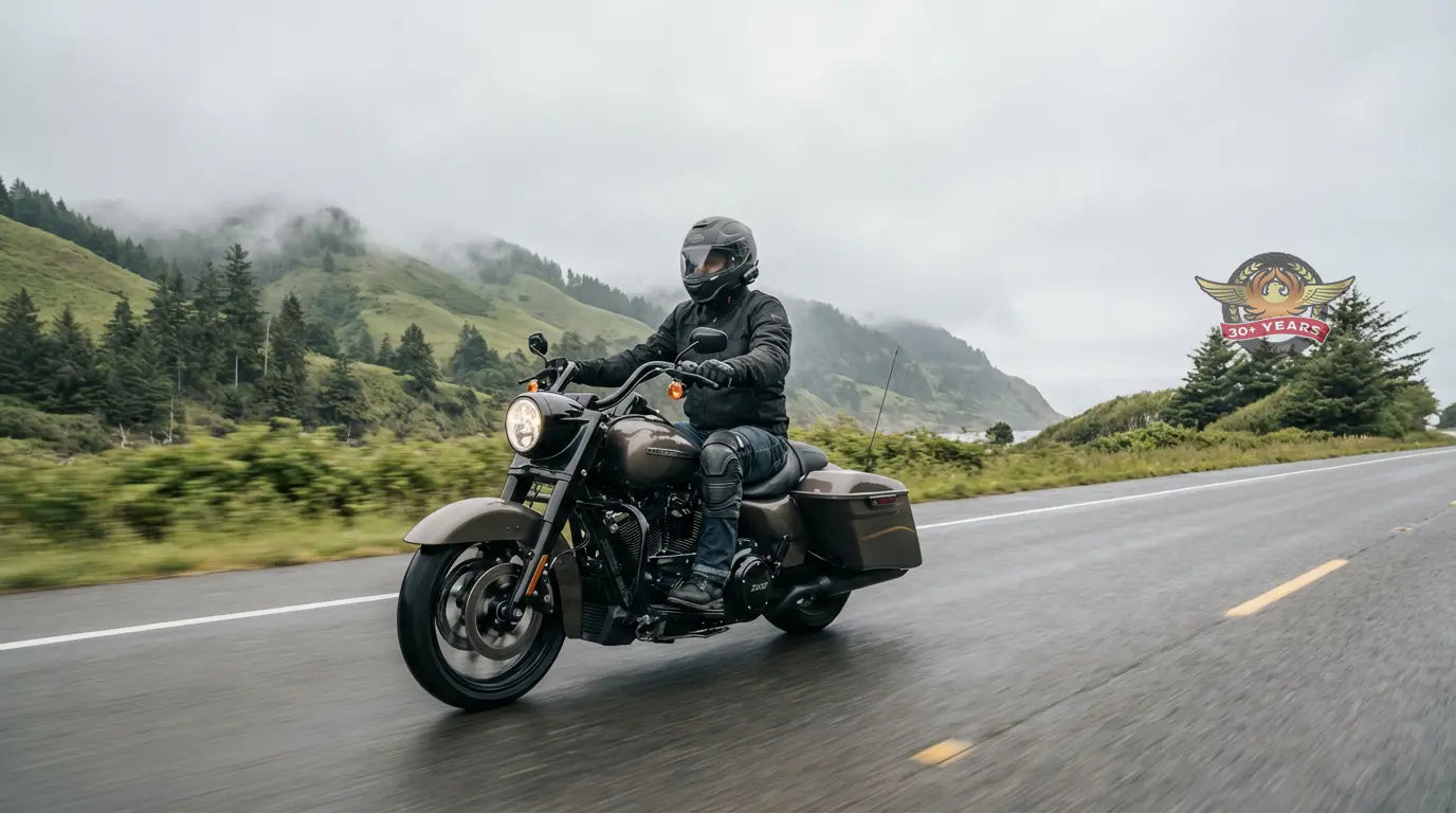 Cruiser rider using helmet speakers while riding through the Pacific Northwest