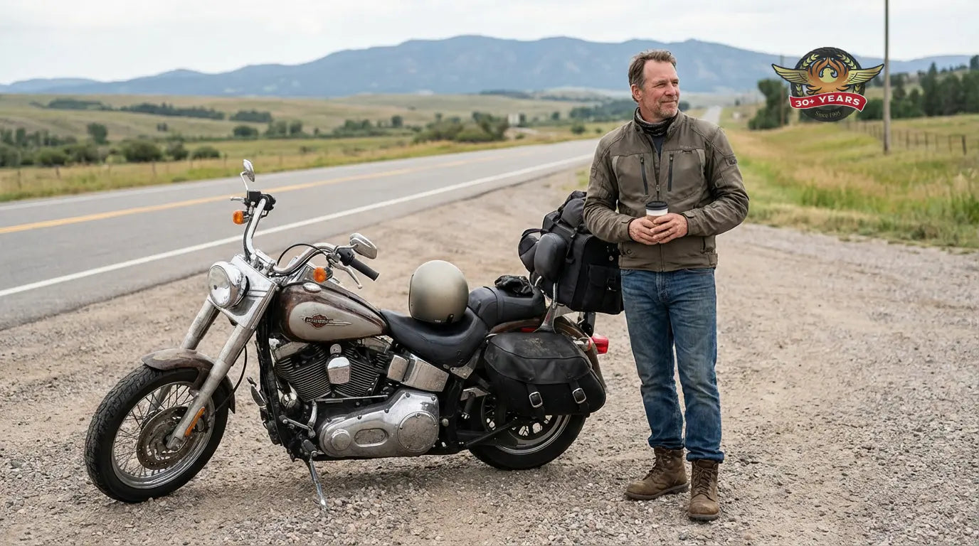 Experienced rider demonstrating respectful motorcycle riding etiquette at a roadside stop