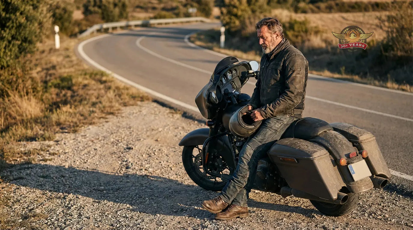 Experienced motorcycle rider reflecting beside the road, representing the lifelong biker mindset