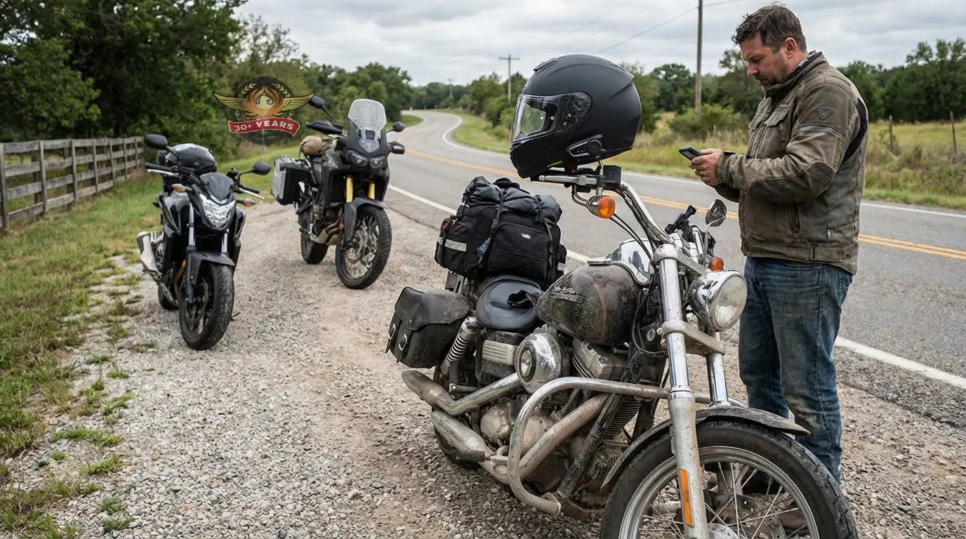 Motorcycle communication system mounted on a cruiser helmet during a long ride