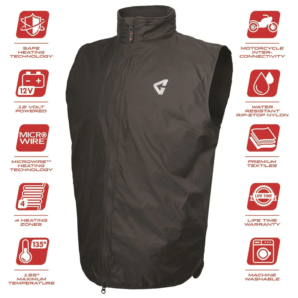 Gerbing 12v Heated Vest: Description
Our 12V heated vest liner packs a powerful punch in a very lightweight, easy-to-tow pack