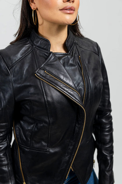 Zoey Lamskin Fashion Jacket: PRODUCT FEATURES:

Lambskin leather
Asymmetrical zipper front
Long sleeves
Wind resistant shell
