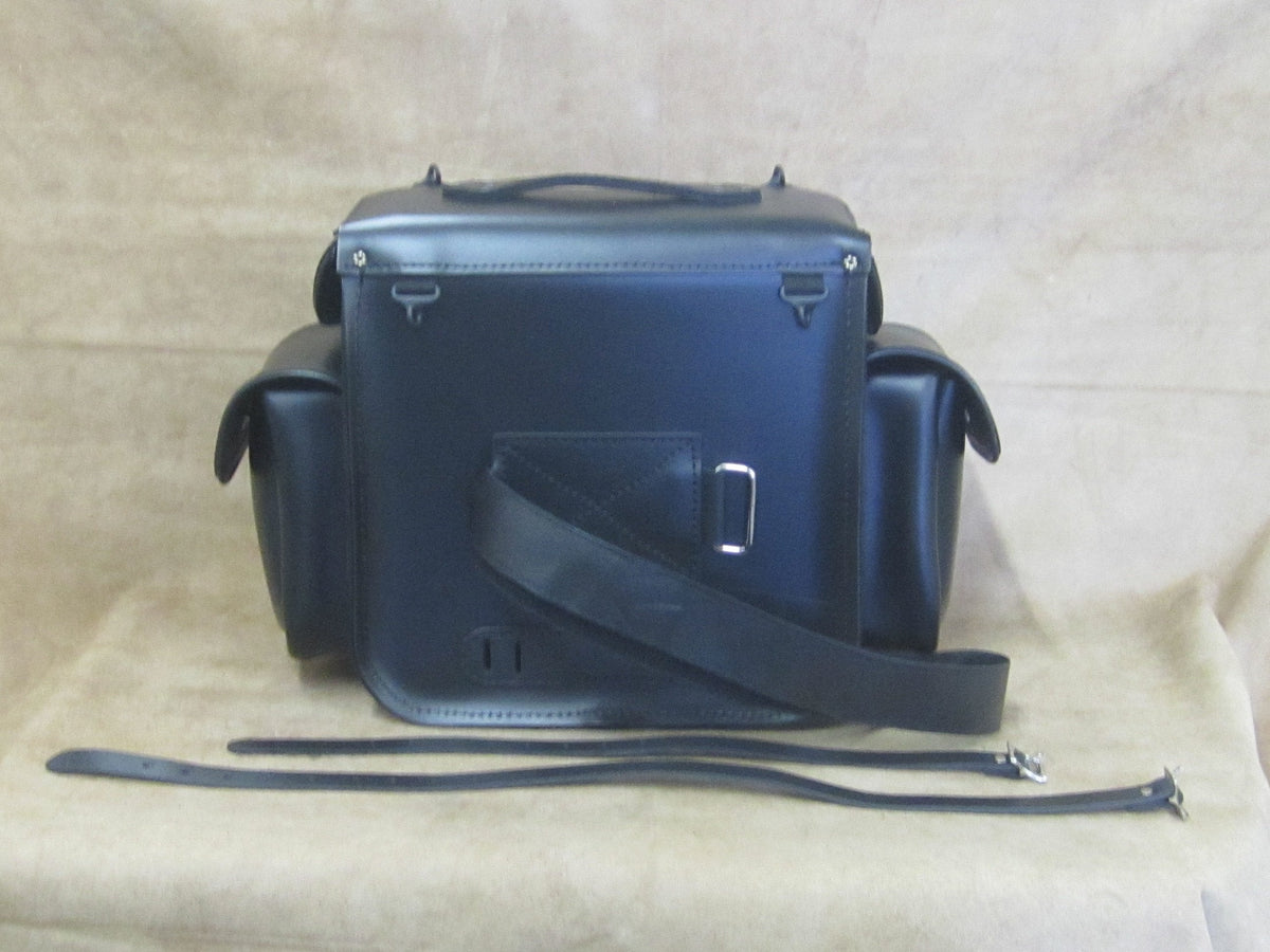 Leatherworks 113 black leather sissy bar luggage bag, rear view with mounting straps