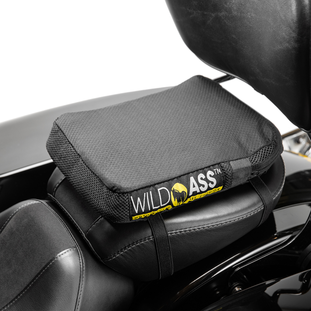 Wild Ass Pillion Lite black cushion mounted on a passenger seat