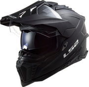 LS2 Explorer fiberglass adventure helmet in Matte Black, three-quarter view with outer shield raised