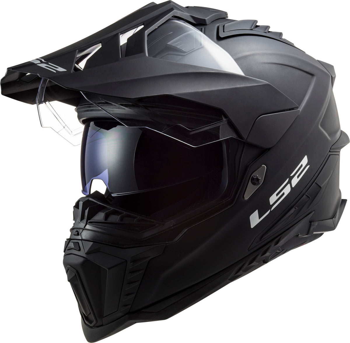 LS2 Explorer fiberglass adventure helmet in Matte Black, three-quarter view with outer shield raised