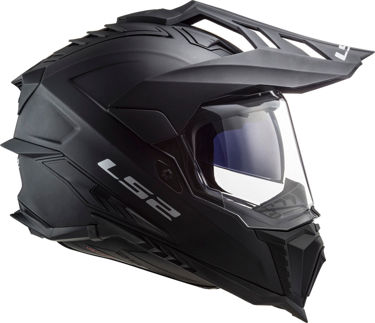 LS2 Explorer fiberglass adventure helmet in Matte Black, opposite side view with outer shield lowered