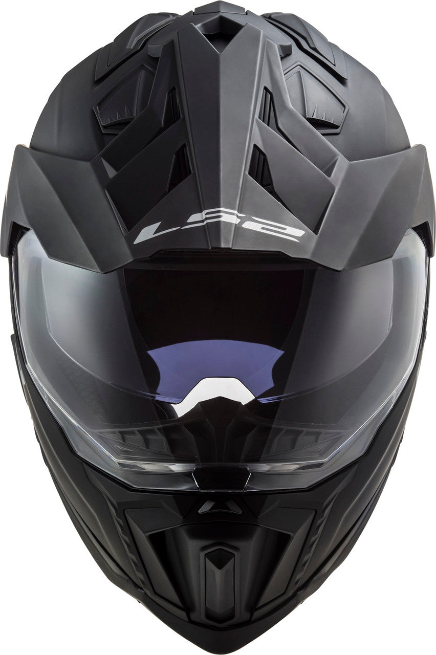 LS2 Explorer fiberglass adventure helmet in Matte Black, front view