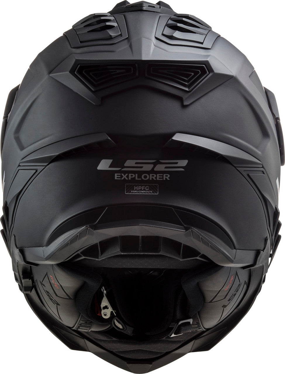LS2 Explorer fiberglass adventure helmet in Matte Black, rear ventilation view