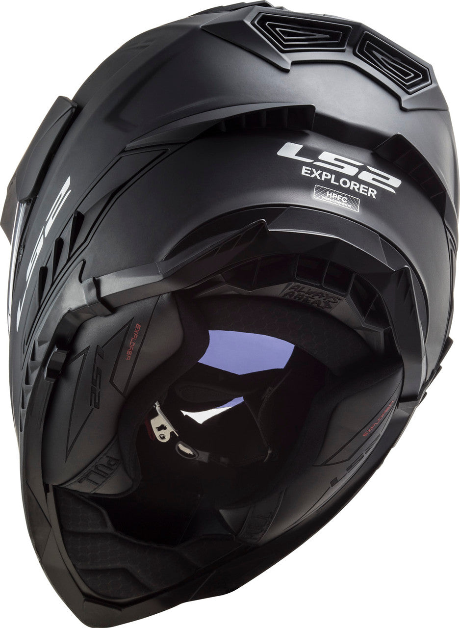 LS2 Explorer fiberglass adventure helmet in Matte Black, underside and liner view