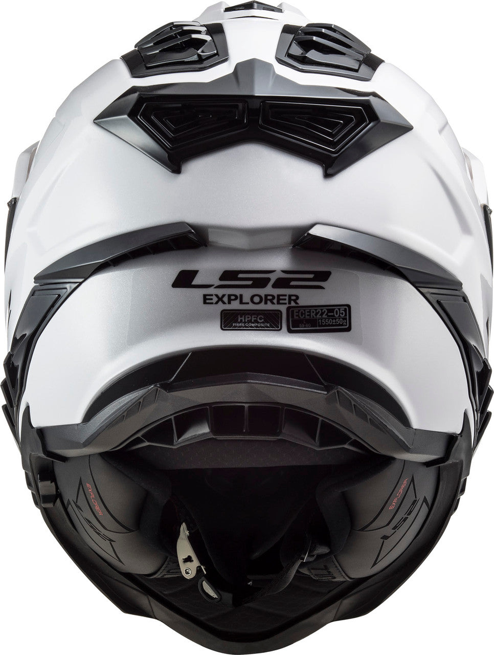 LS2 Explorer fiberglass adventure helmet in White, rear ventilation view