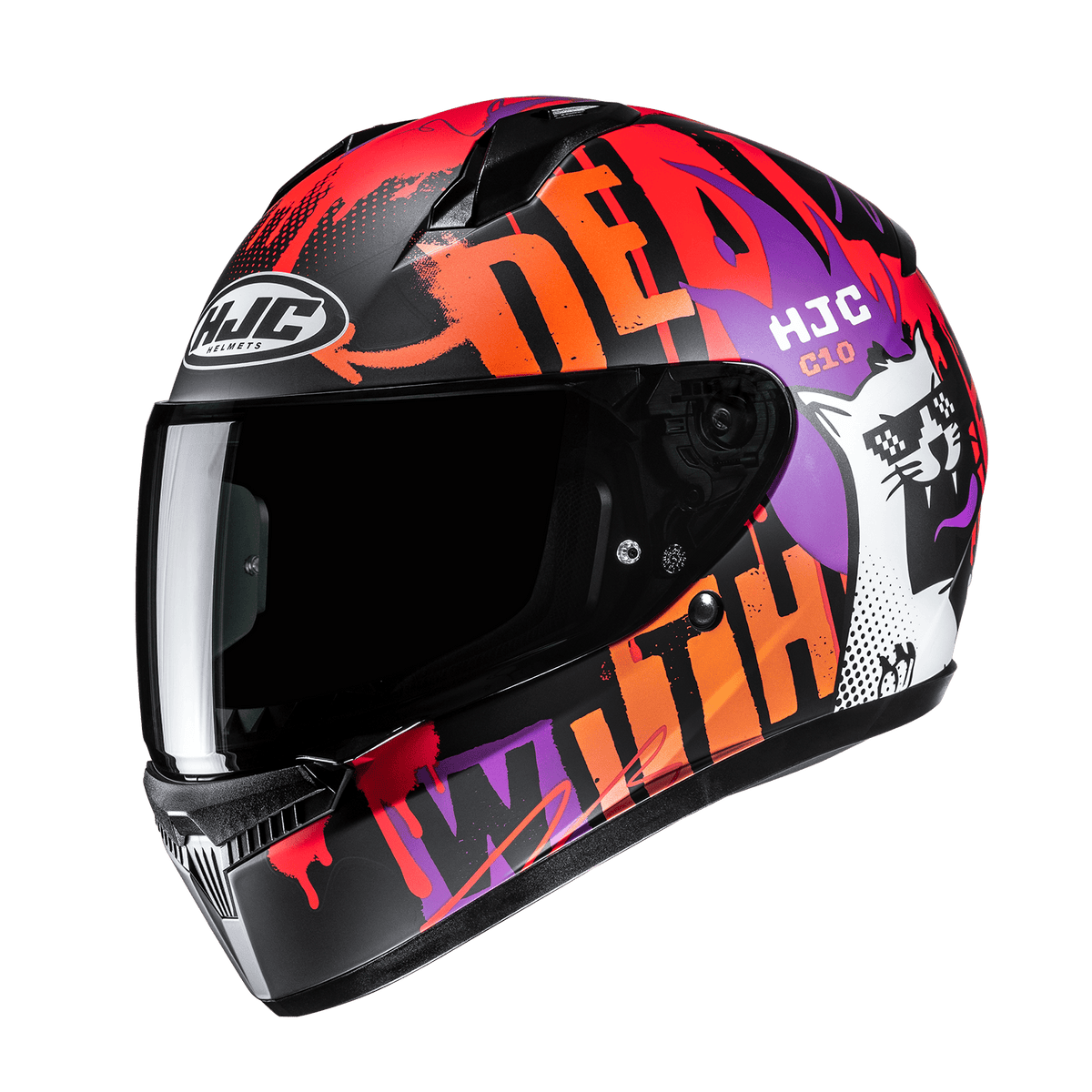 HJC C10 Fop Youth Deal With It helmet Purple Orange Red MC-7SF front three-quarter view with optional dark smoke shield