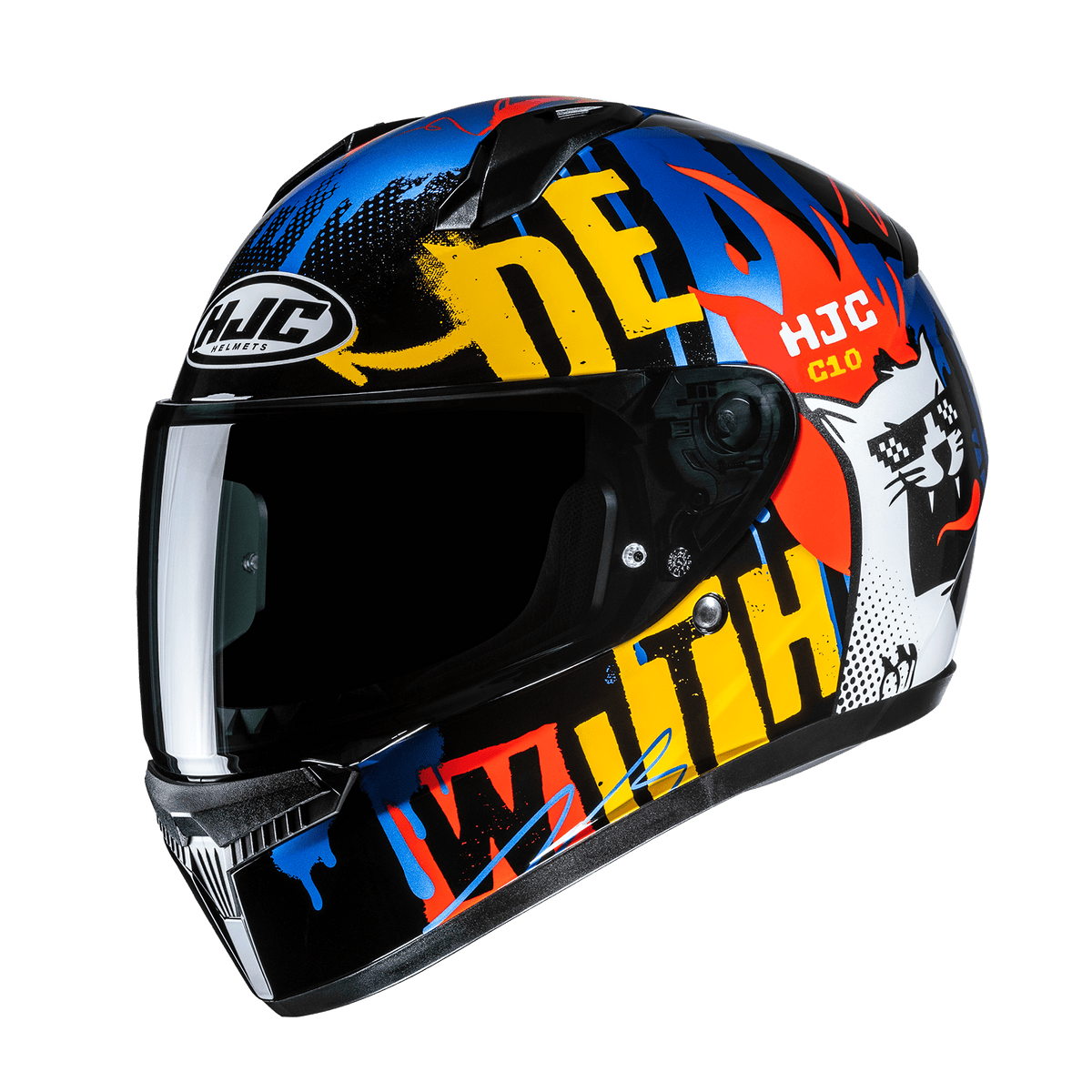 HJC C10 Fop Youth Deal With It helmet Blue Yellow MC-23 front three-quarter view with optional dark smoke shield