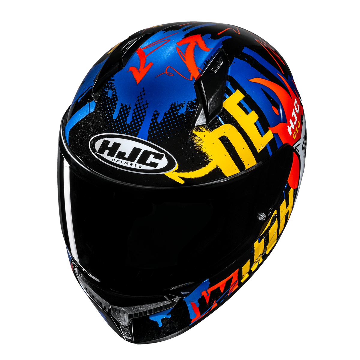 HJC C10 Fop Youth Deal With It helmet Blue Yellow MC-23 elevated front view with optional dark smoke shield
